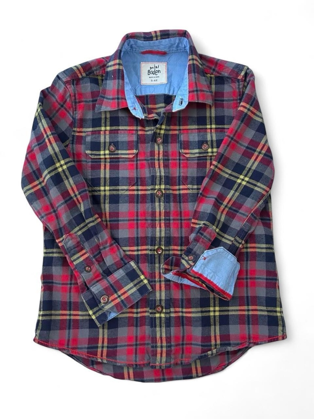 Boys 5-6 Mini Boden Red Navy Plaid Button-Down Flannel 100% cotton Shirt